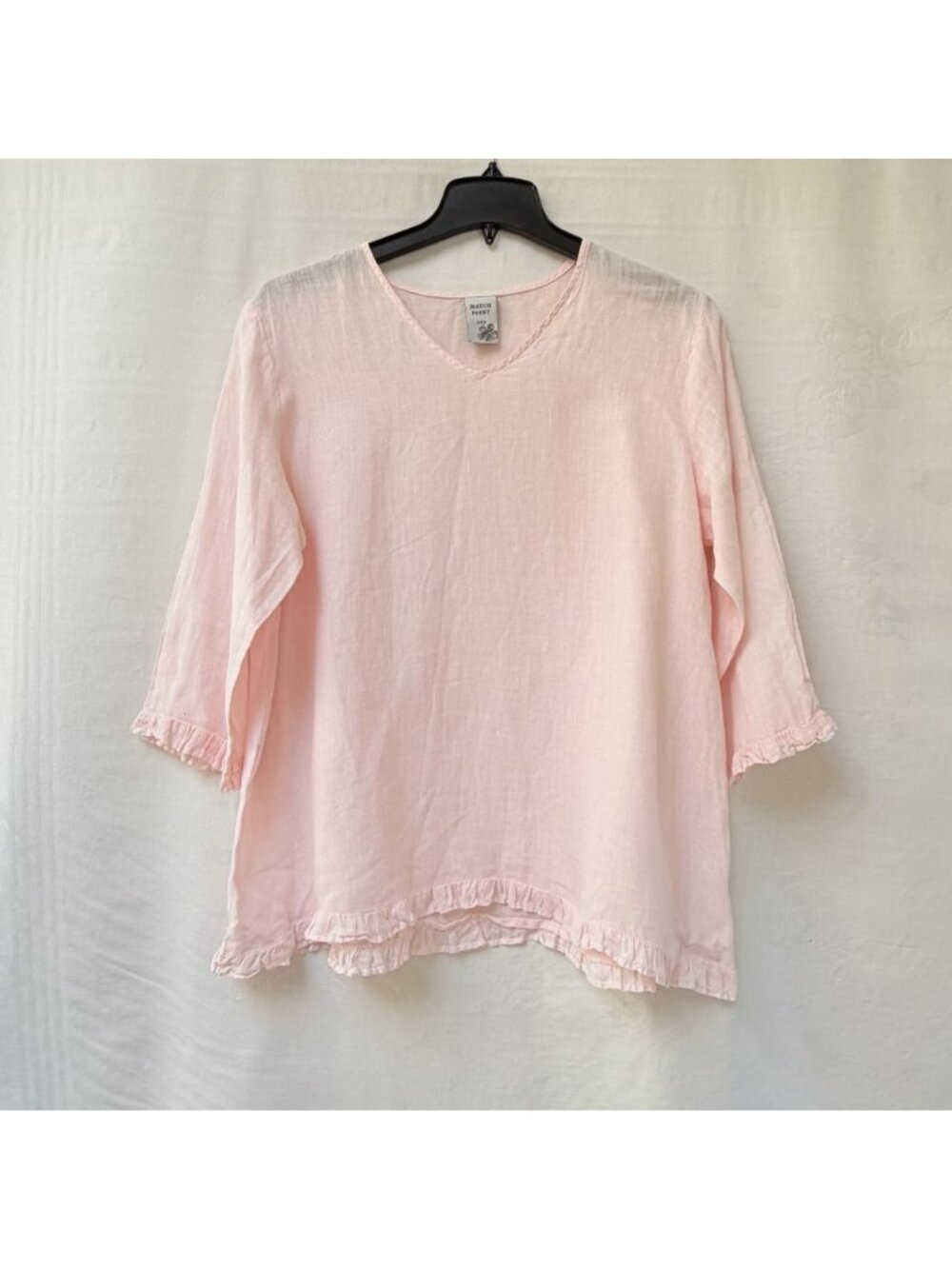 Match Point Linen Blouse Top Ruffle Hem 3/4 Sleeves Light Pink Large Beach Top